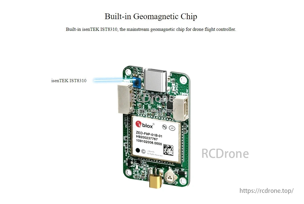 Radiolink RTK F9P Centimeter-Level GPS, Built-in Geomagnetic Chip: enTEK IST8310 for drones, paired with u-blox ZED-F9P GPS for precise positioning.