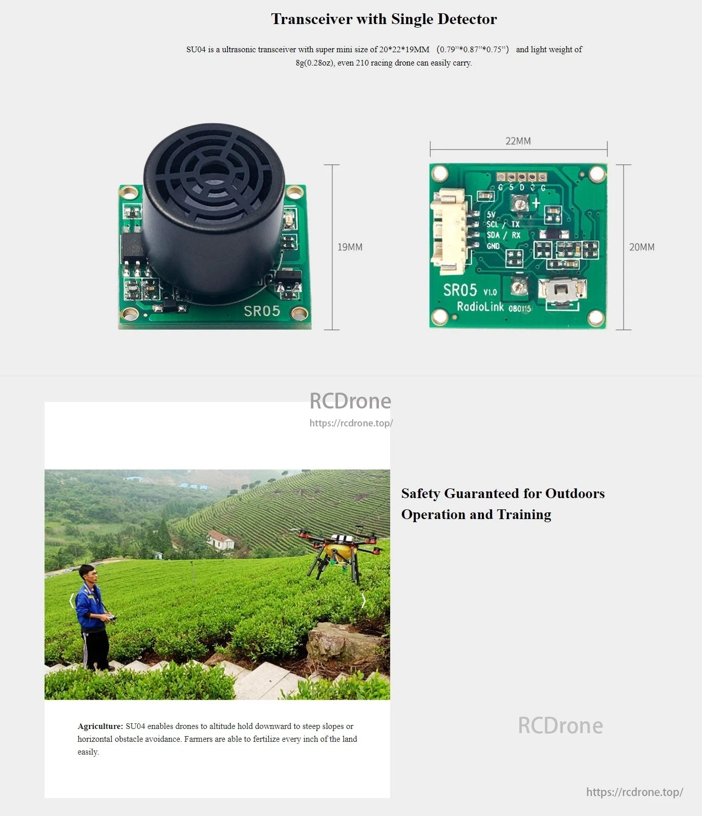 RadioLink SU04 Ultrasonic Sensor, The SU04 ultrasonic transceiver (20x22x19mm, 8g) enhances outdoor drone safety and performance, ideal for agriculture with precise altitude control and obstacle avoidance.