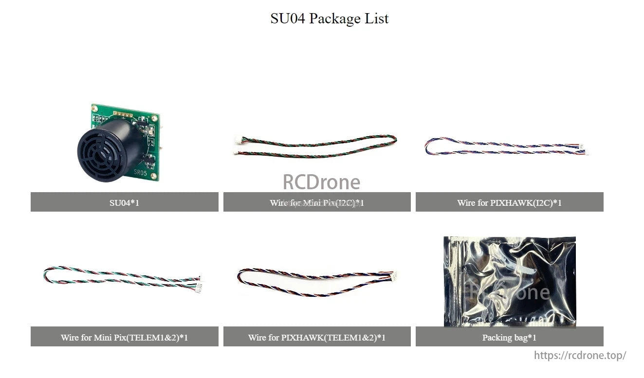 RadioLink SU04 Ultrasonic Sensor, SU04 package includes: SU04 unit, various I2C and TELEM1&2 cables for Mini Pix and PIXHAWK, and a packing bag.