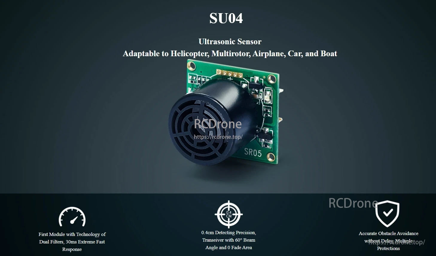 RadioLink SU04 Ultrasonic Sensor, The SU04 ultrasonic sensor offers precise obstacle avoidance with 0.4cm accuracy, 30ms response time, dual filters, and a 60° beam angle, compatible with various vehicles.
