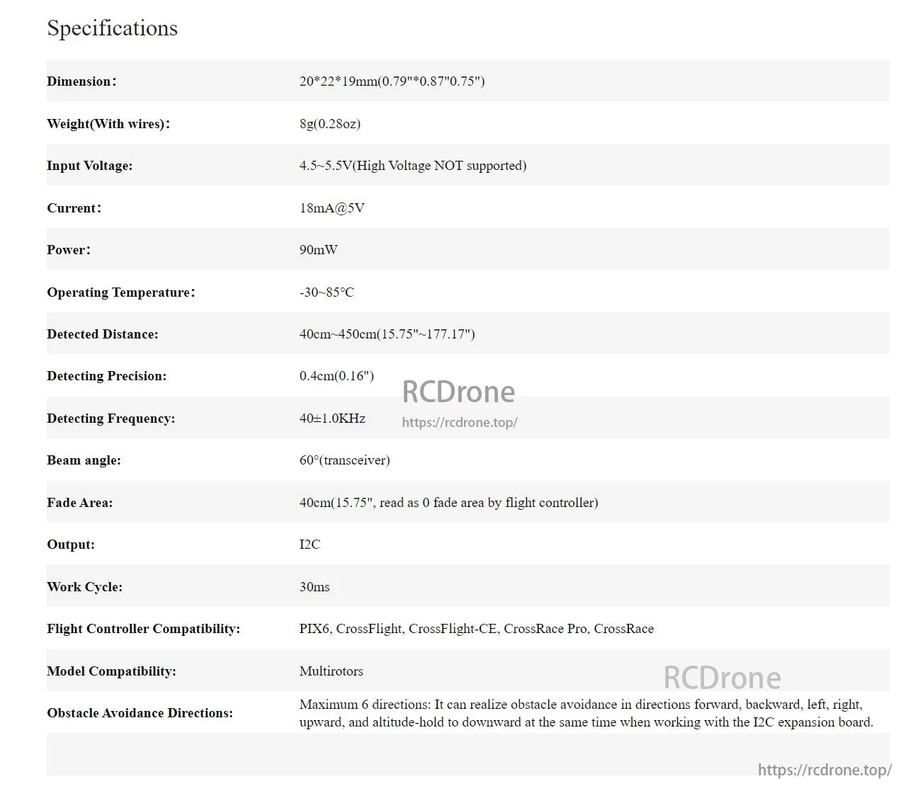 RadioLink SUI04 Ultrasonic Sensor, The RadioLink SUI04 is a compact ultrasonic sensor with 40–450 cm range, 0.4 cm precision, I2C output, and 6-direction obstacle avoidance for multirotors.