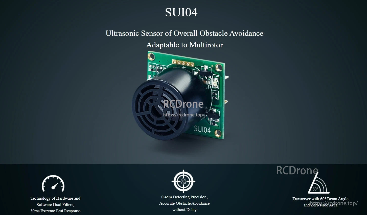 RadioLink SUI04 Ultrasonic Sensor, The SUI04 ultrasonic sensor provides obstacle avoidance for multirotors with high precision, fast response, wide beam angle, and no fade area.