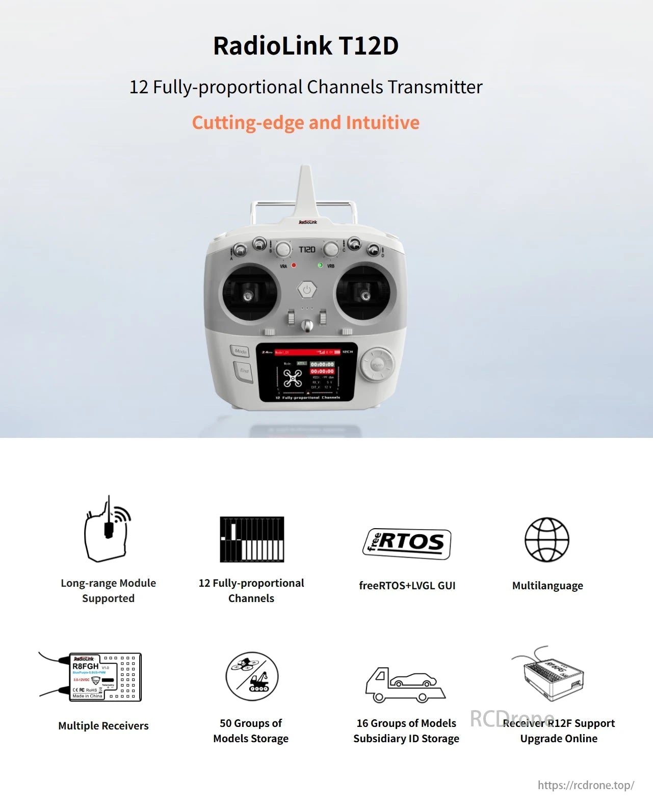 RadioLink T12D RC Transmitter, The RadioLink T12D offers 12 proportional channels, long-range support, freeRTOS+LVGL GUI, multilingual interface, multiple receivers, 50 model groups, online upgrades, and an intuitive design.