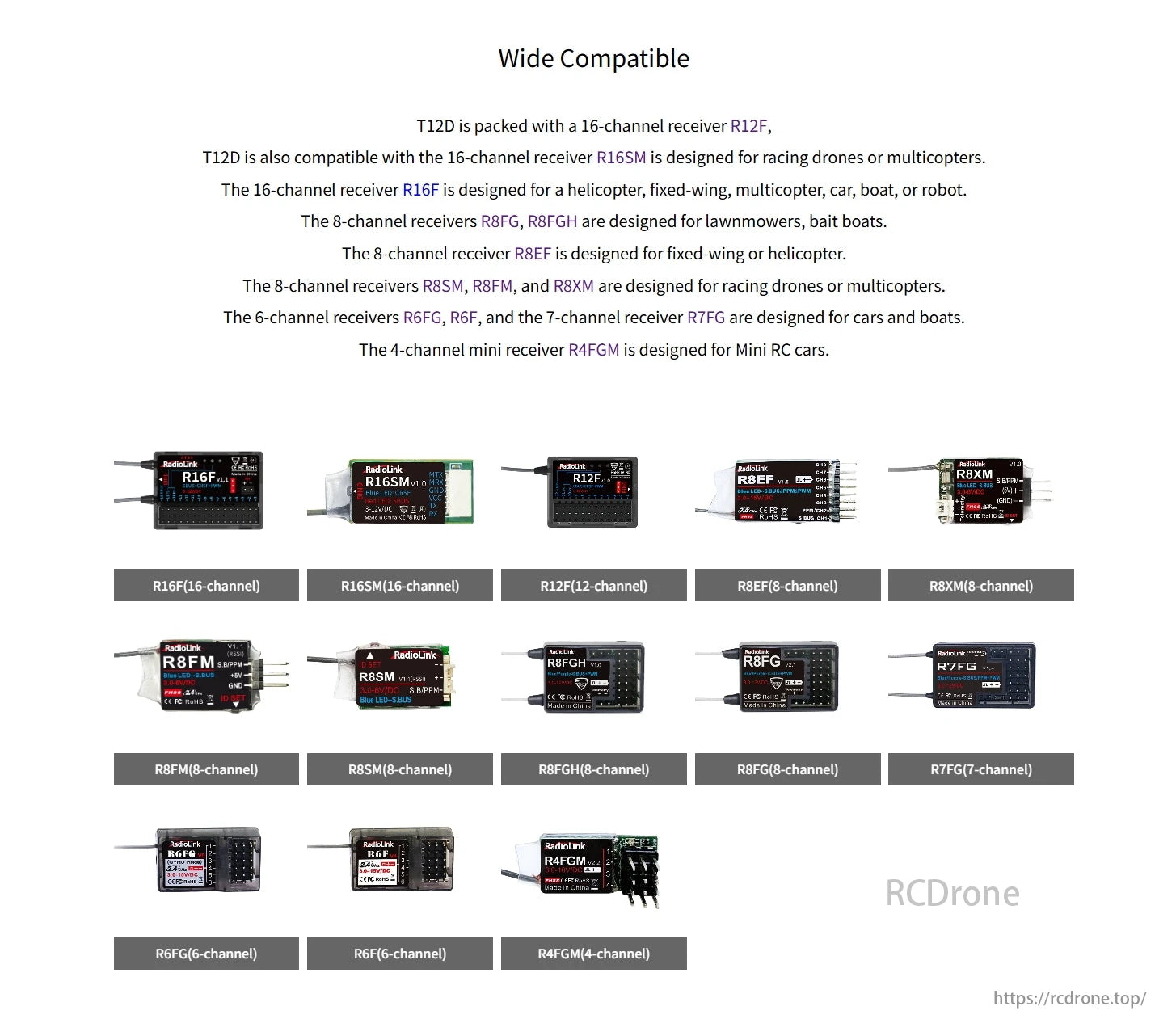 RadioLink T12D RC Transmitter, T12D is widely compatible with various receivers for drones, helicopters, lawnmowers, fixed-wing, racing, cars, and mini RC cars.