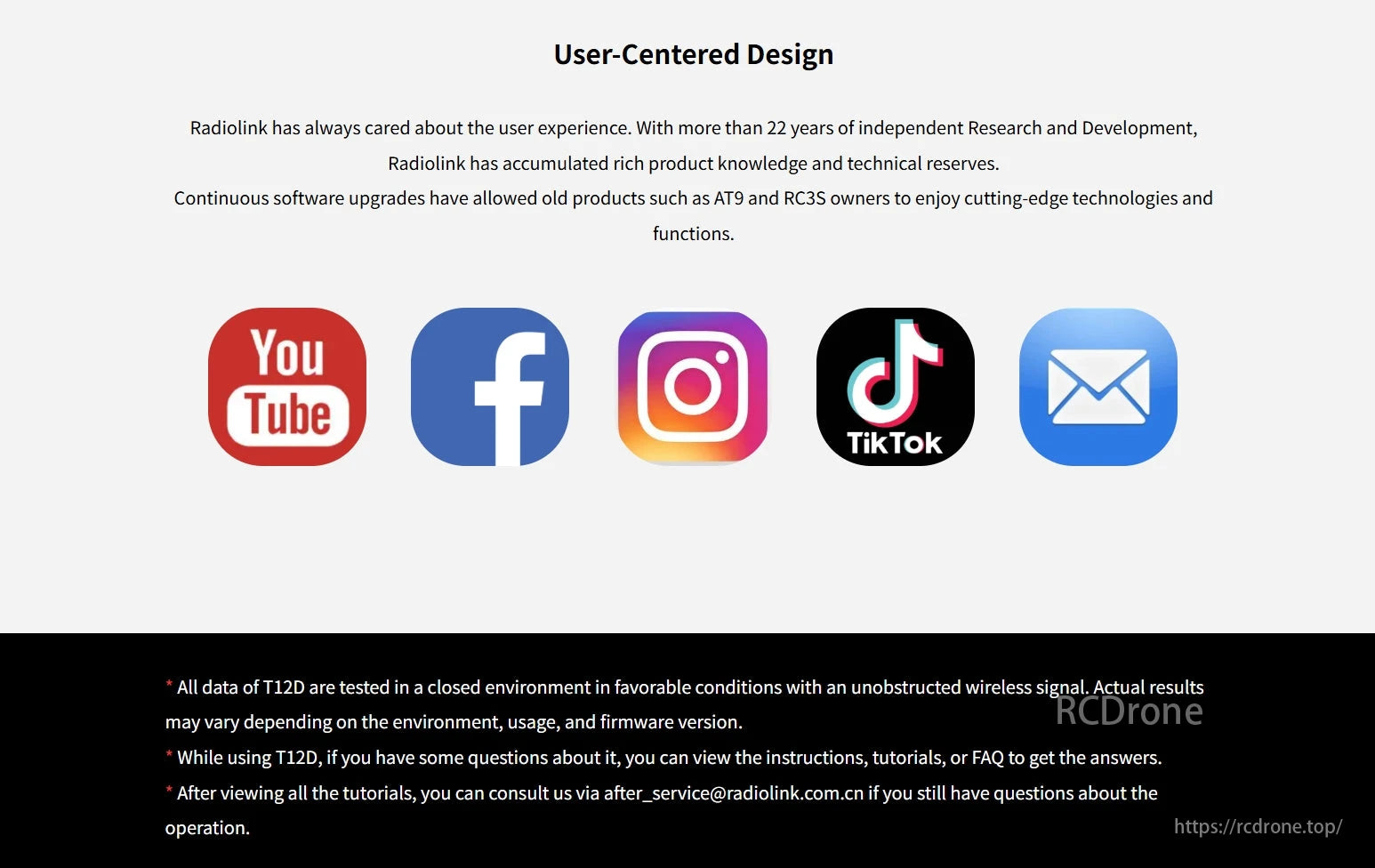 RadioLink T12D RC Transmitter, Radiolink focuses on user-centered design with 22 years of R&D, providing software upgrades for AT9 and RC3S. T12D data tested under ideal conditions; check instructions or contact support for help.