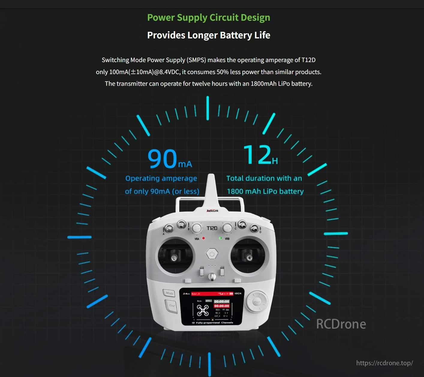 The RadioLink T12D RC transmitter uses SMPS for longer battery life, lasting 12 hours on an 1800mAh LiPo battery.