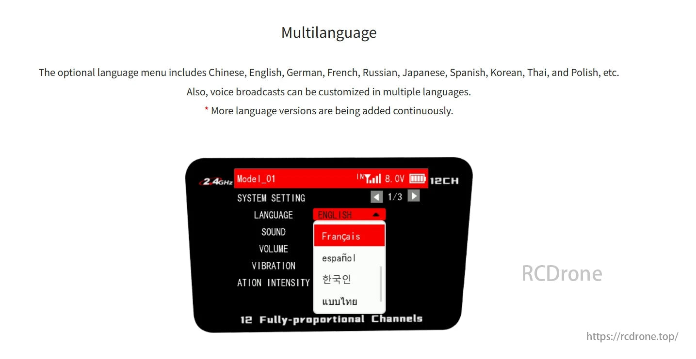 The RadioLink T12D RC Transmitter supports multiple languages including English, French, Spanish, Korean, and Thai, with customizable voice broadcasts and ongoing language updates.