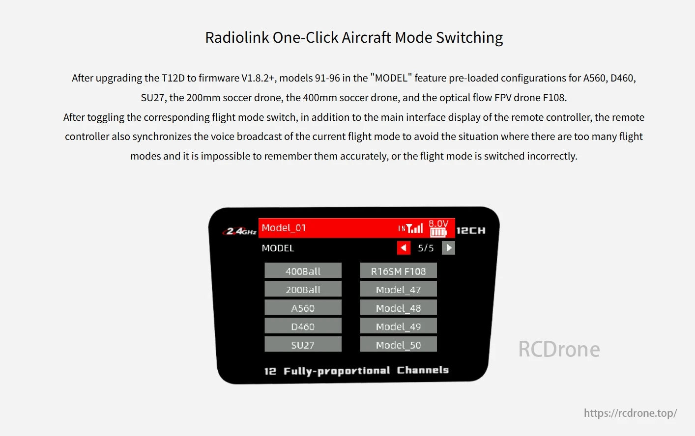 RadioLink T12D RC Transmitter, Radiolink T12D firmware V1.8.2+ enables one-click flight mode switching for models 91-96, including A560, D460, SU27, soccer drones, and F108, with voice feedback confirming correct mode selection.
