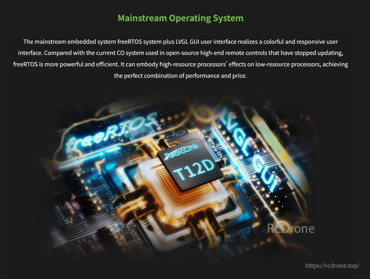 RadioLink T12D RC Transmitter, freeRTOS with LVGL GUI provides efficient, responsive embedded interfaces, outperforming older systems. RadioLink T12D showcases its advanced, cost-effective performance.