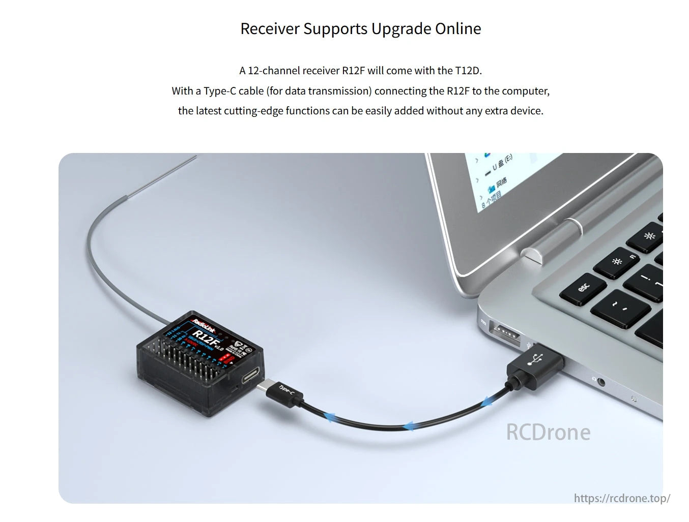 RadioLink T12D RC Transmitter, A 12-channel receiver supports upgrade online.