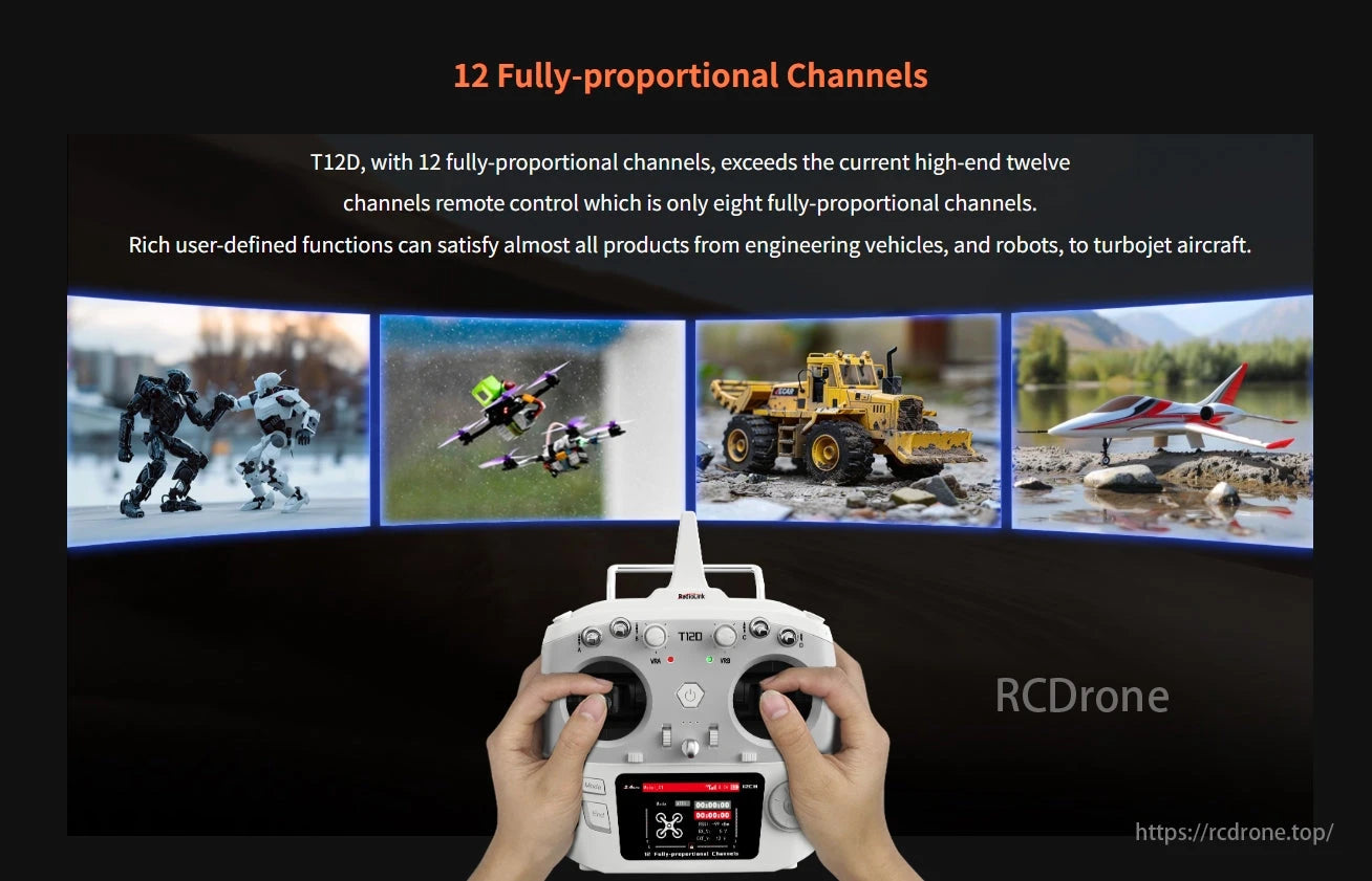 The RadioLink T12D RC Transmitter provides 12 proportional channels, advanced controls, and supports vehicles, robots, and aircraft with customizable functions.