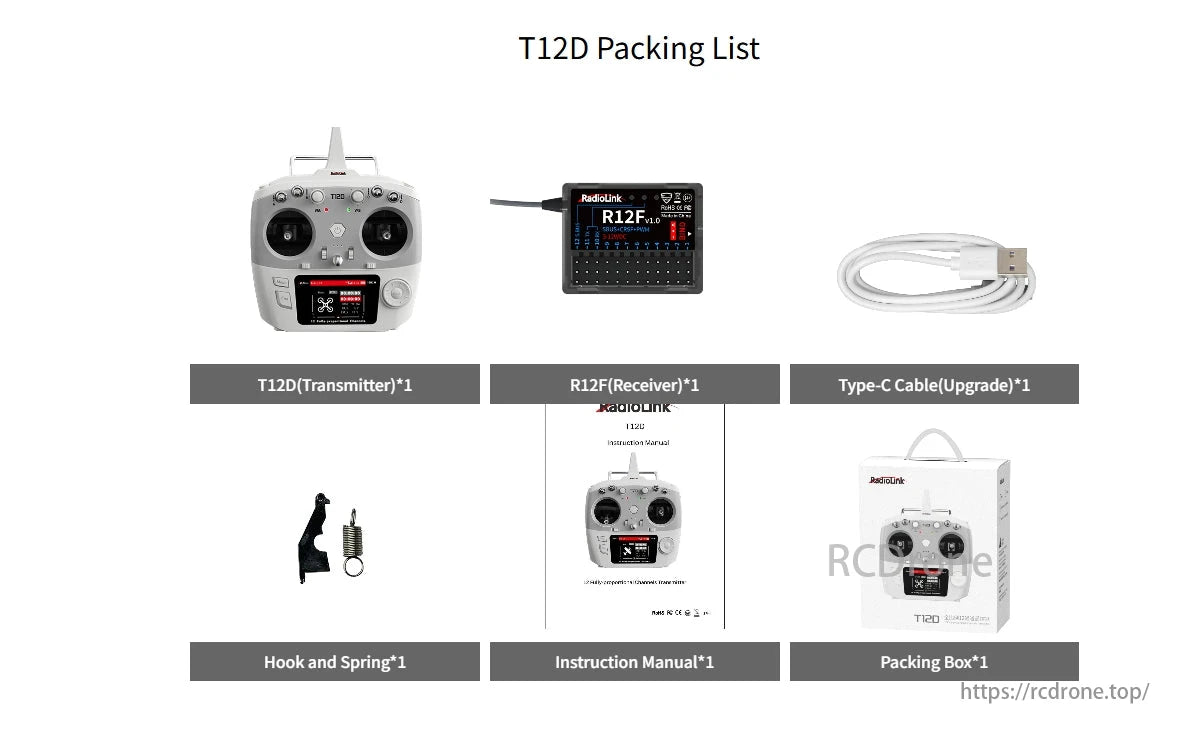 RadioLink T12D RC Transmitter, The packing list includes a T12D transmitter, R12F receiver, Type-C cable, hook, spring, manual, and box. All items are labeled with quantities, ensuring functionality and ease of use for RC enthusiasts.