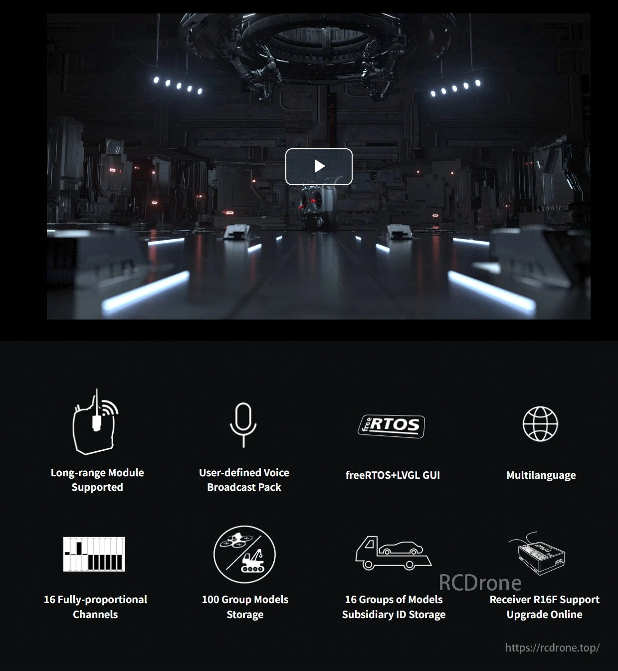 The RadioLink T16D Transmitter features long-range capability, customizable voice, FreeRTOS+LVGL GUI, multilanguage support, 16 channels, 100 model groups, and online upgrades.