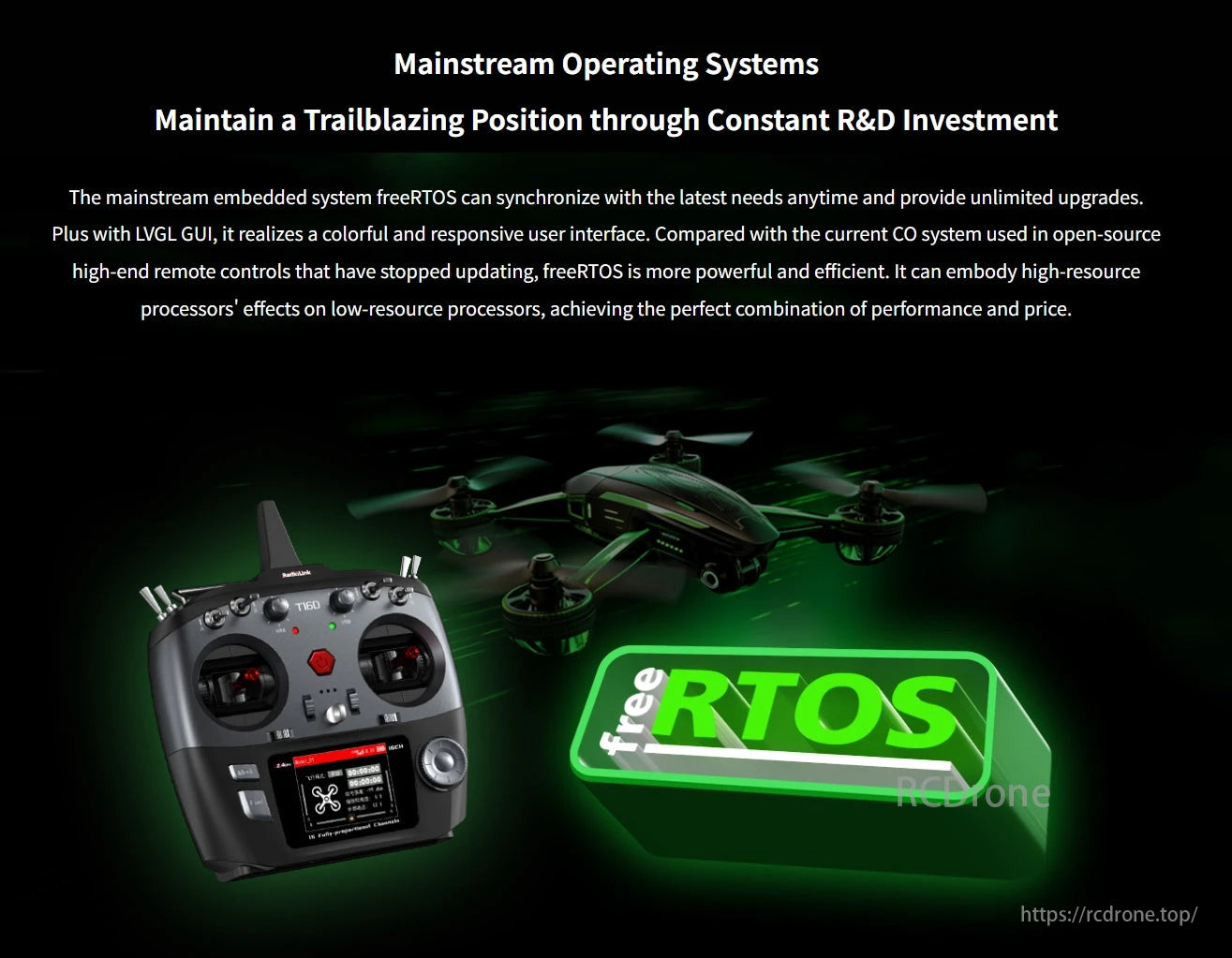 The RadioLink T16D transmitter, powered by freeRTOS, provides continuous R&D, unlimited upgrades, and a responsive interface, surpassing outdated systems with high performance and affordability.