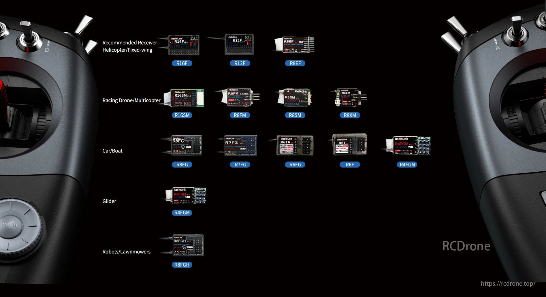 RadioLink T16D transmitter with compatible receivers for helicopters, racing drones, cars, gliders, and robots. Models: R16F, R8FM, R7FG, R4FGM, R8FGH.