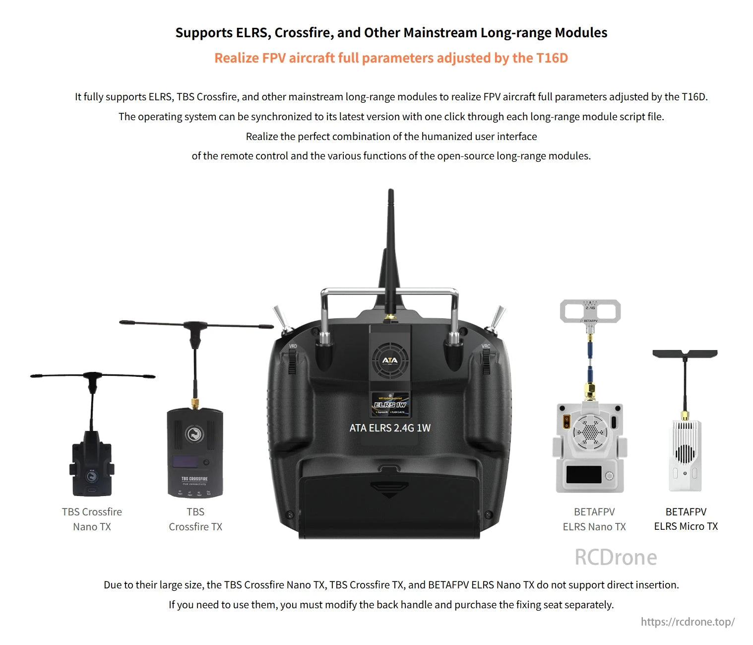 RadioLink T16D Transmitter, RadioLink T16D supports ELRS, Crossfire, and other long-range modules for FPV aircraft adjustments, offering a user-friendly interface with various functions, though some module insertions require modifications.