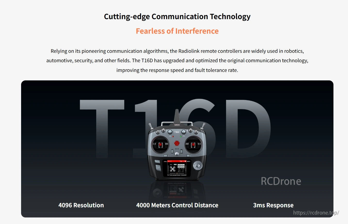 RadioLink T16D Transmitter, Radiolink T16D features advanced interference-resistant communication with 4096 resolution, 4000m range, and 3ms response time for superior performance.