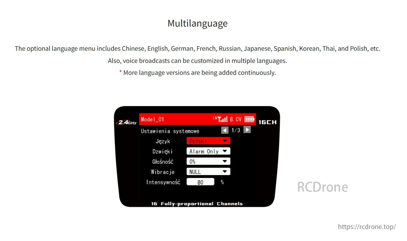 The RadioLink T16D transmitter supports multiple languages, customizable voice broadcasts, 2.4GHz operation, 16 channels, adjustable settings, and displays model data, signal, voltage, and battery status.