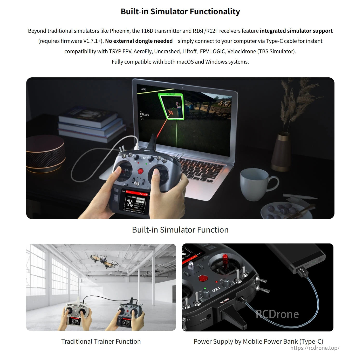 The RadioLink T16D transmitter features a built-in simulator, Type-C connectivity, trainer function support, and mobile power bank compatibility.