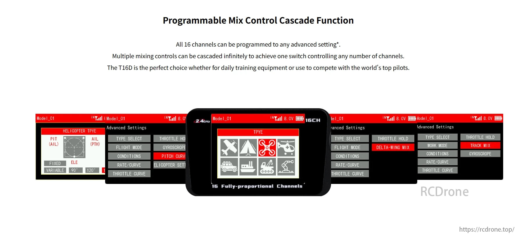 RadioLink T16D Transmitter, 16 programmable channels with advanced settings, infinite cascading mix controls, ideal for training or competing, displays various model types and settings.