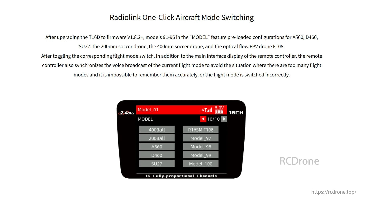 RadioLink T16D Transmitter, Radiolink T16D firmware V1.8.2+ enables one-click aircraft mode switching for models 91-96, including A560, D460, SU27, soccer drones, and F108, with voice broadcast syncing flight mode for accuracy.