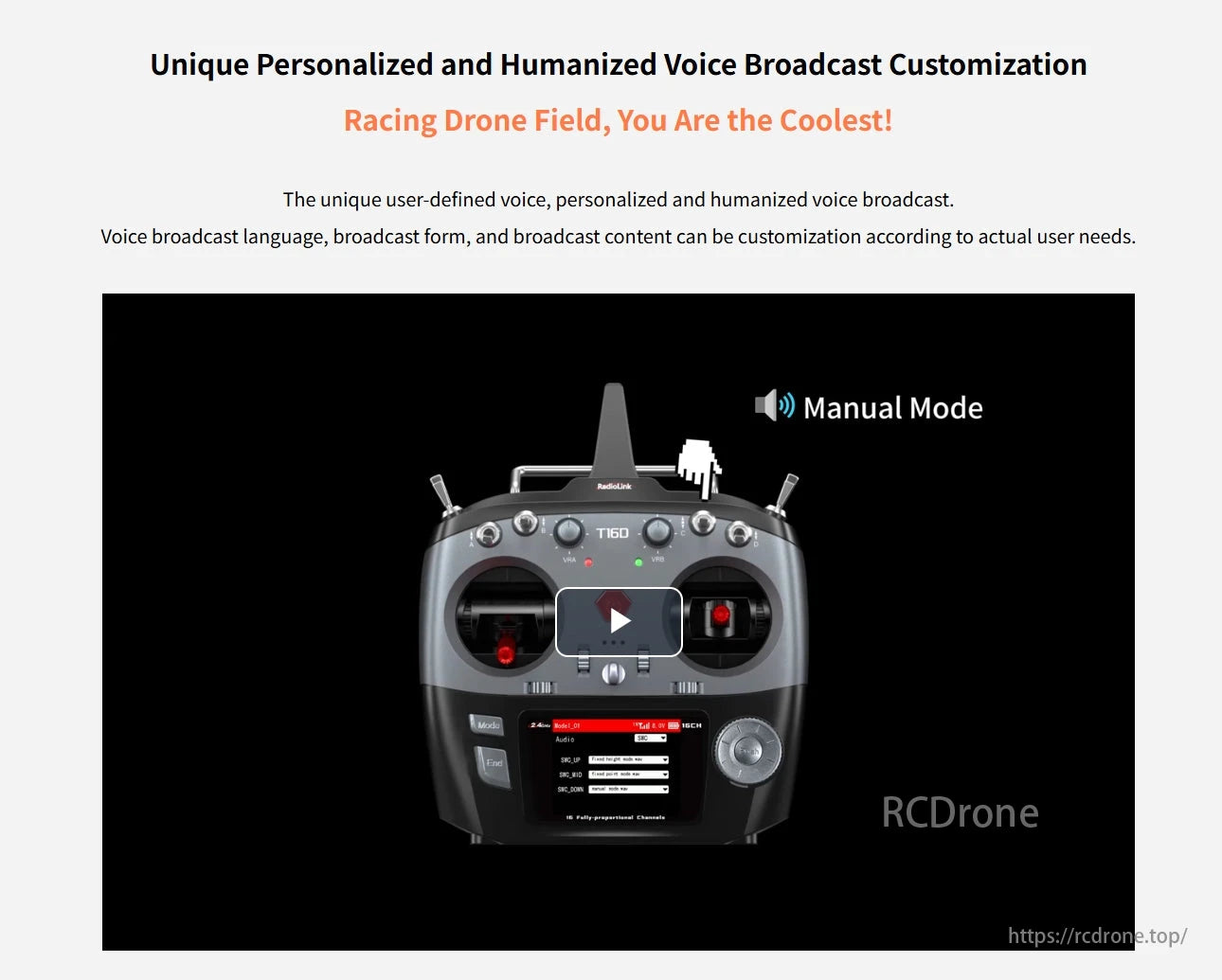 The RadioLink T16D Transmitter allows customized voice broadcasts for racing drones, with manual adjustments for language, form, and content.
