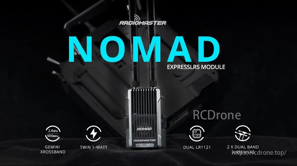 Radiomaster Nomad Gemini ExpressLRS Module, Gemini Xrossband with twin 1-watt, dual LR1121, and 2x dual-band antennas for enhanced Radiomaster Nomad ExpressLRS module performance.