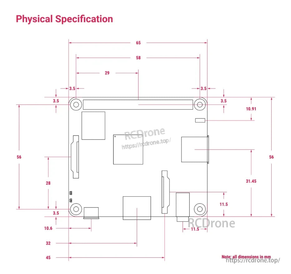 Physical specification diagram of Raspberry Pi 3 SBC with dimensions in millimeters.