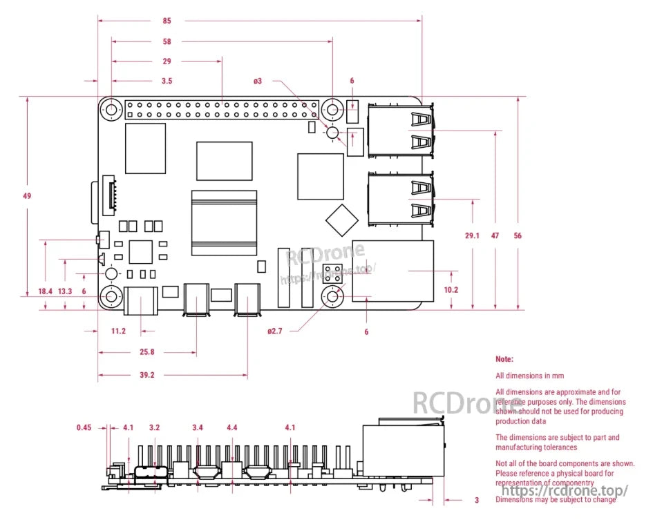Raspberry Pi 5 Dev Computer, Raspberry Pi 5 dimensions are approximate, for reference only; actual sizes may vary due to manufacturing tolerances. Use physical board for accuracy.