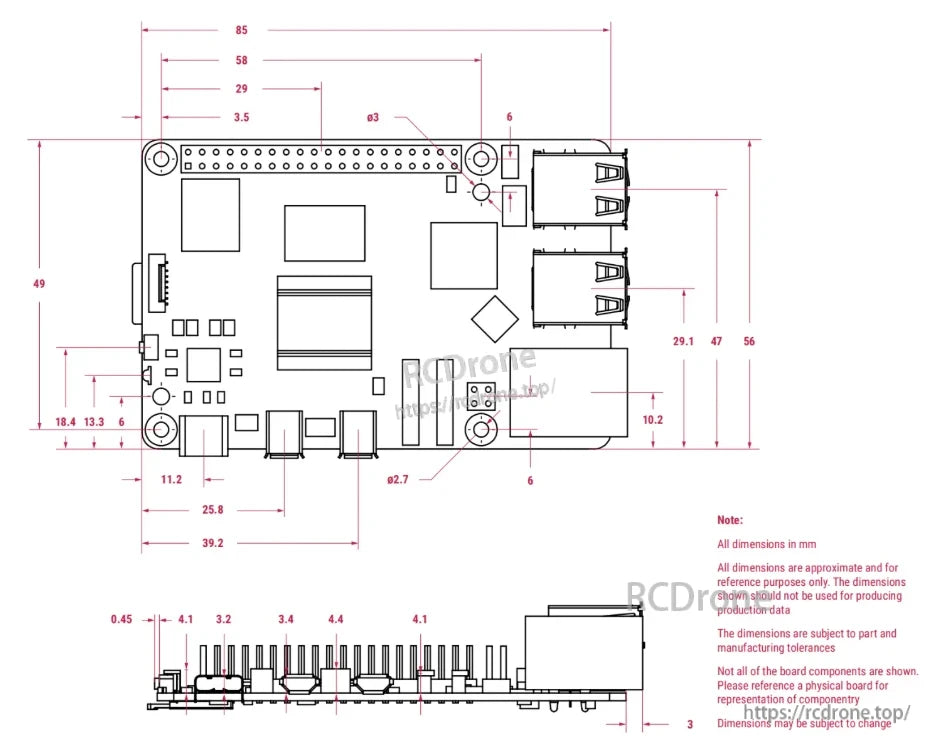 Raspberry Pi 5 dev computer measures approximately 25.8mm x 39.2mm, with all dimensions being approximate and for reference purposes.