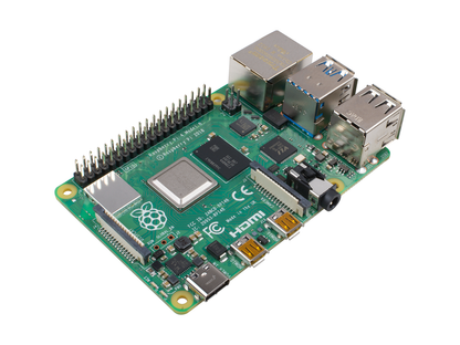 Raspberry Pi 4 Model B: 4GB RAM, 1.5GHz quad-core CPU, dual micro-HDMI, Wi-Fi, Bluetooth 5.0, USB ports, GPIO pins, UK-made.