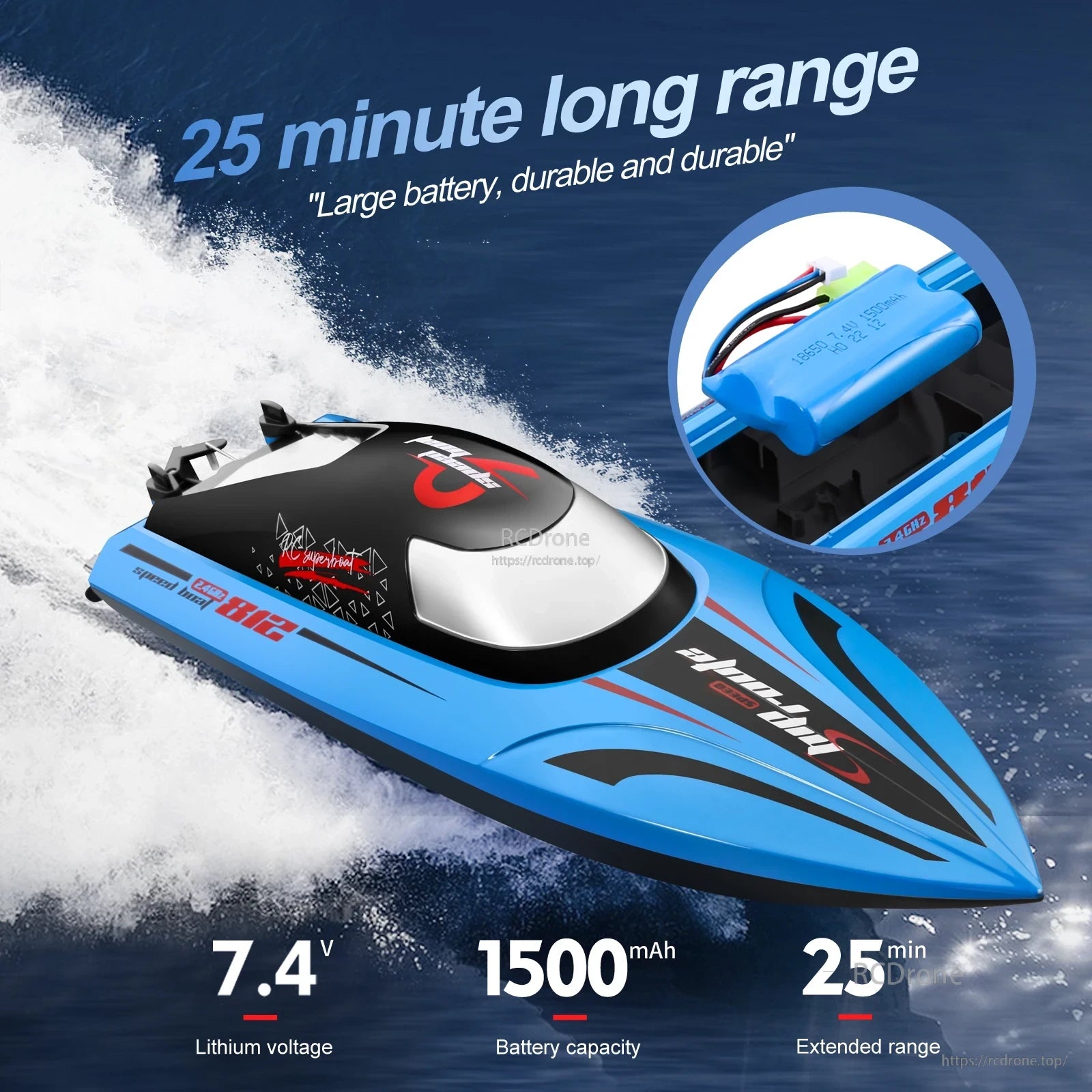 Large battery for 25-minute long-range RC boat with durable design and extended range.
