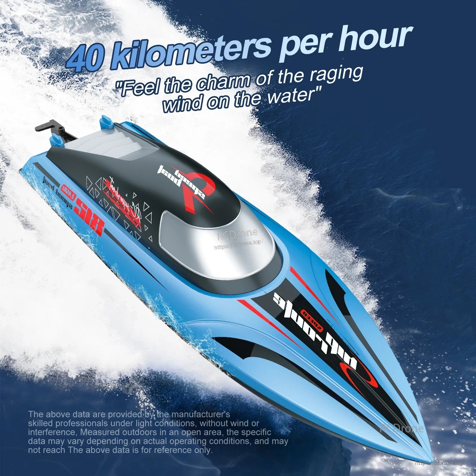 Sleek blue RC boat with red and black accents reaches 40 km/h, emphasizing speed, performance, and thrilling water experience under ideal conditions.