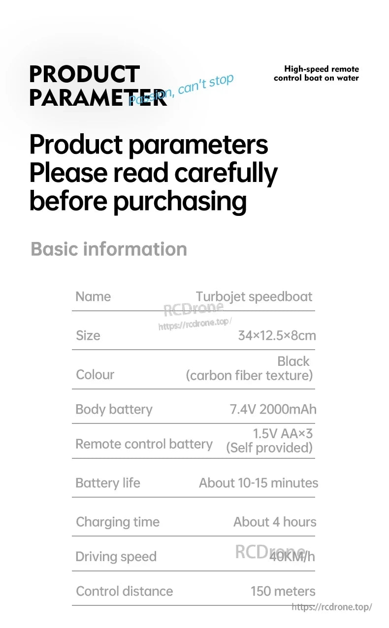 RC Boat, Black carbon fiber turbojet speedboat, 34×12.5×8cm, runs 10-15 mins at 40KM/h, 150m control range, 7.4V battery, charges in 4 hours.