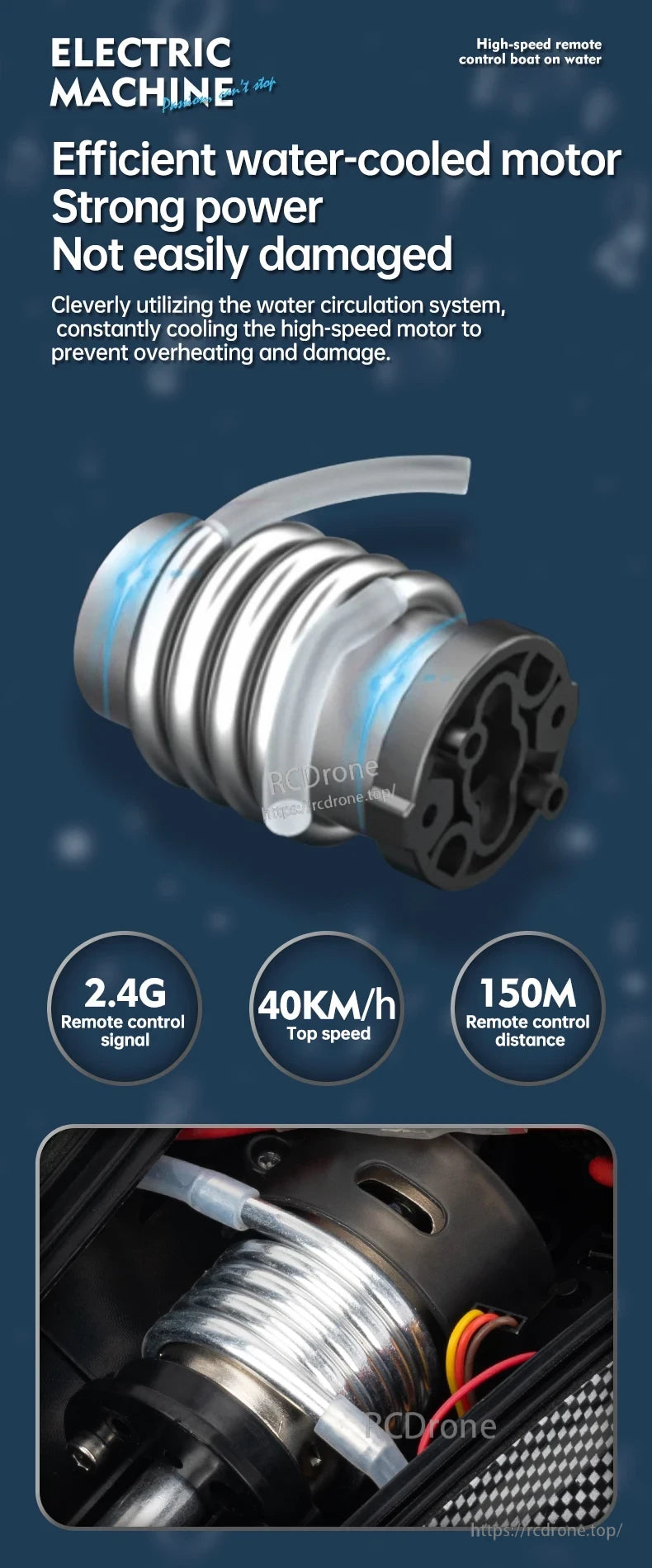 RC Boat, Water-cooled electric drone with 2.4G signal, 40KM/h speed, 150M range, durable design, and efficient cooling for strong, reliable performance.