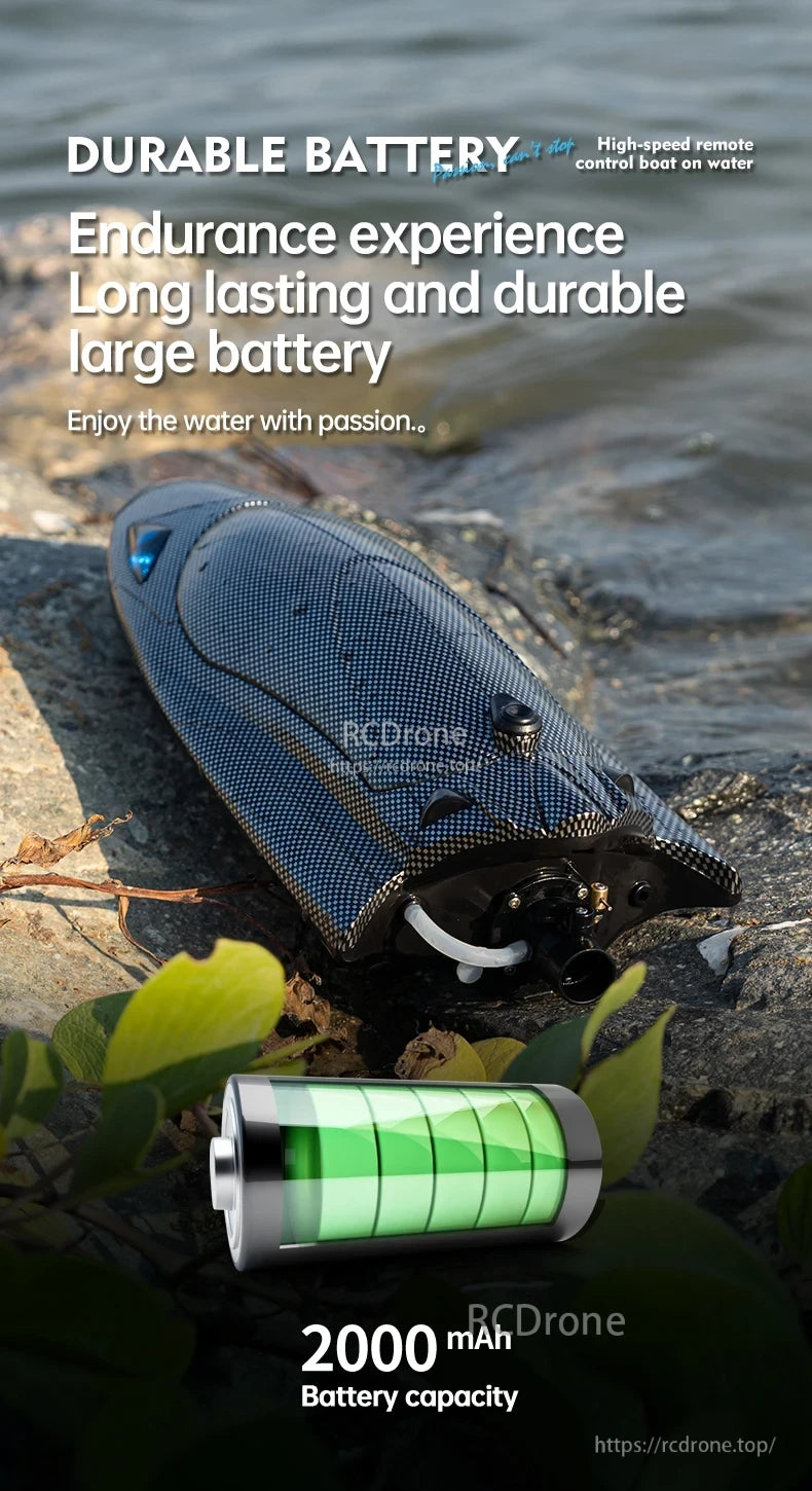 RC Boat, Durable battery for a fun-filled experience at sea or lake with long-lasting reliability and 2000mAh capacity.