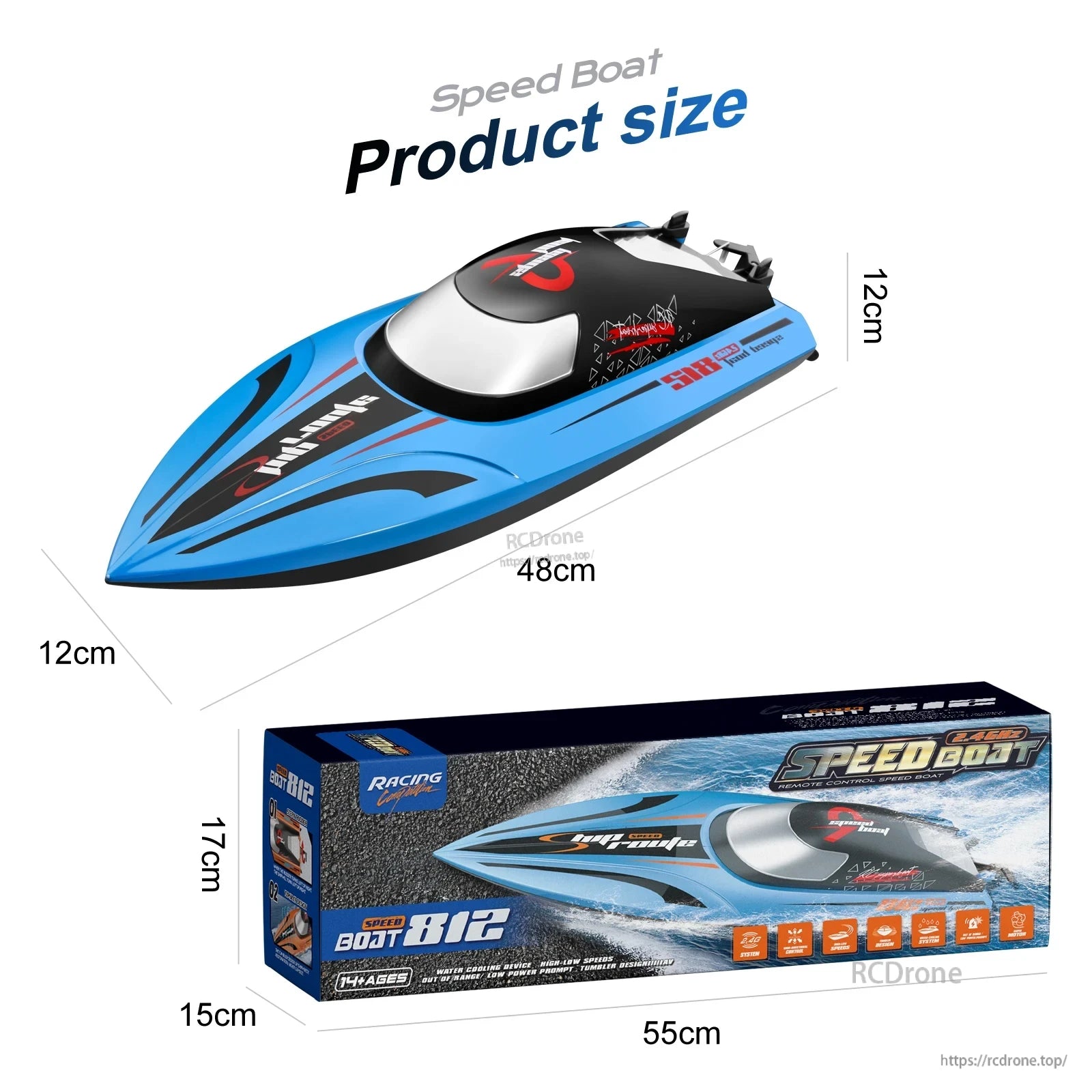 RC Boat, Speed Boat 812: 48×12×12cm; box 55×17×15cm. Features 2.4GHz remote, speed modes, water-saving, low-power alert, durable design. For ages 14+.