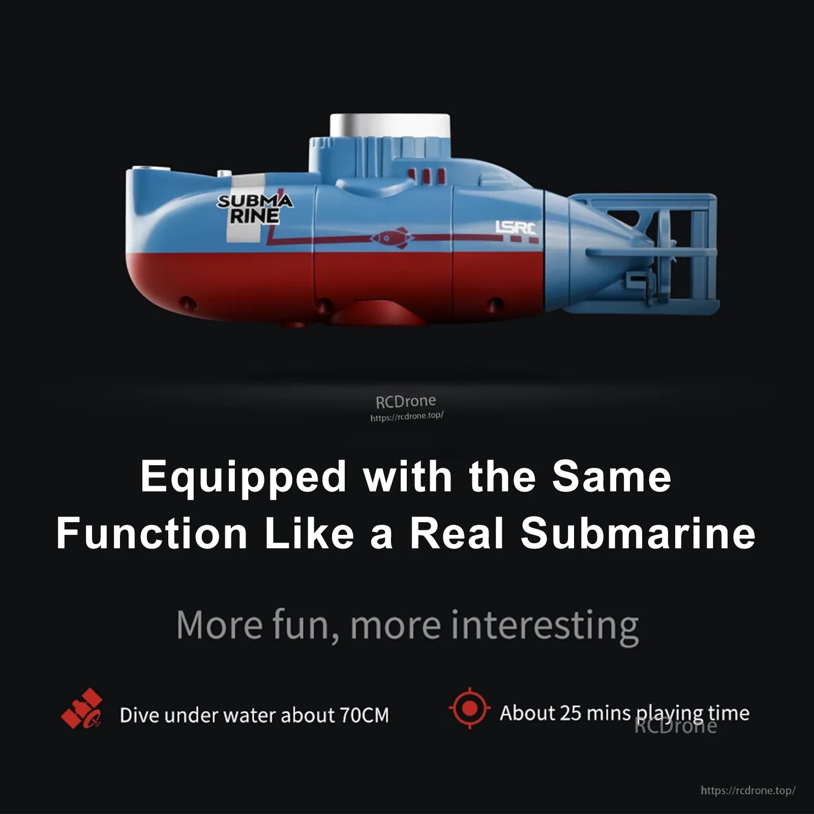 RC Boat, RC submarine with real functions, dives 70cm, 25 mins playtime.
