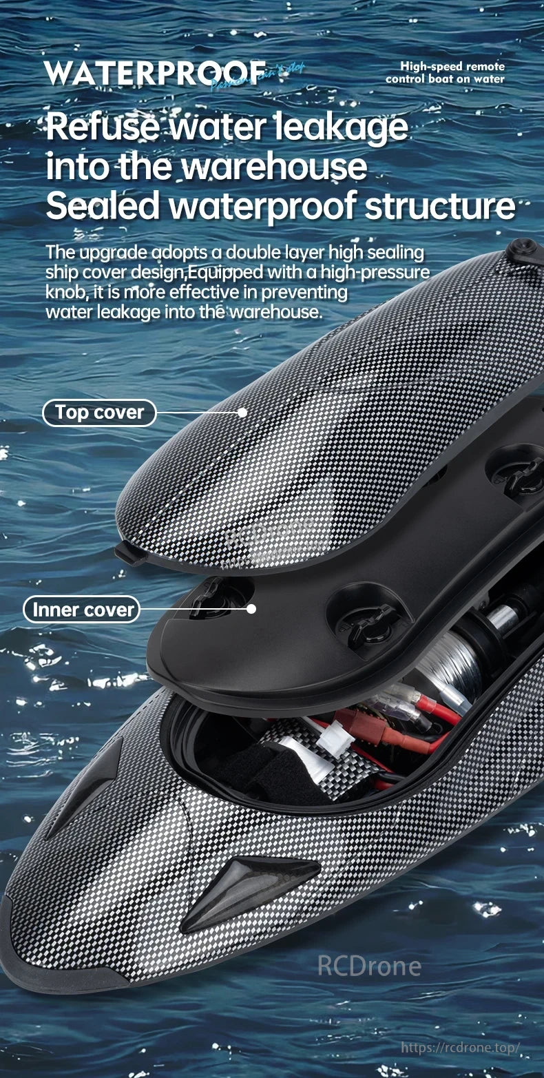 Waterproof RC boat features double-layer sealed cover, high-pressure knob, and inner/outer covers to prevent water leakage.