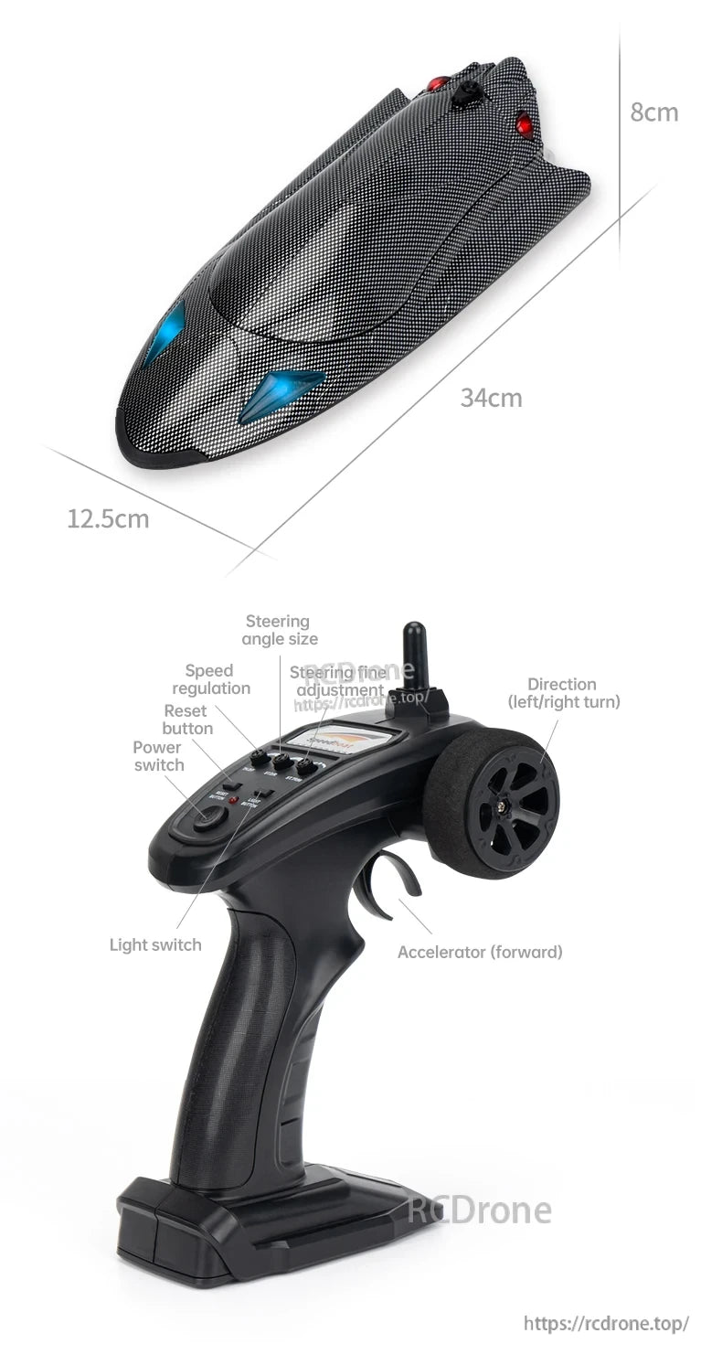 Compact RC boat with adjustable steering, speed, and direction, featuring reset, power, and lighting controls.