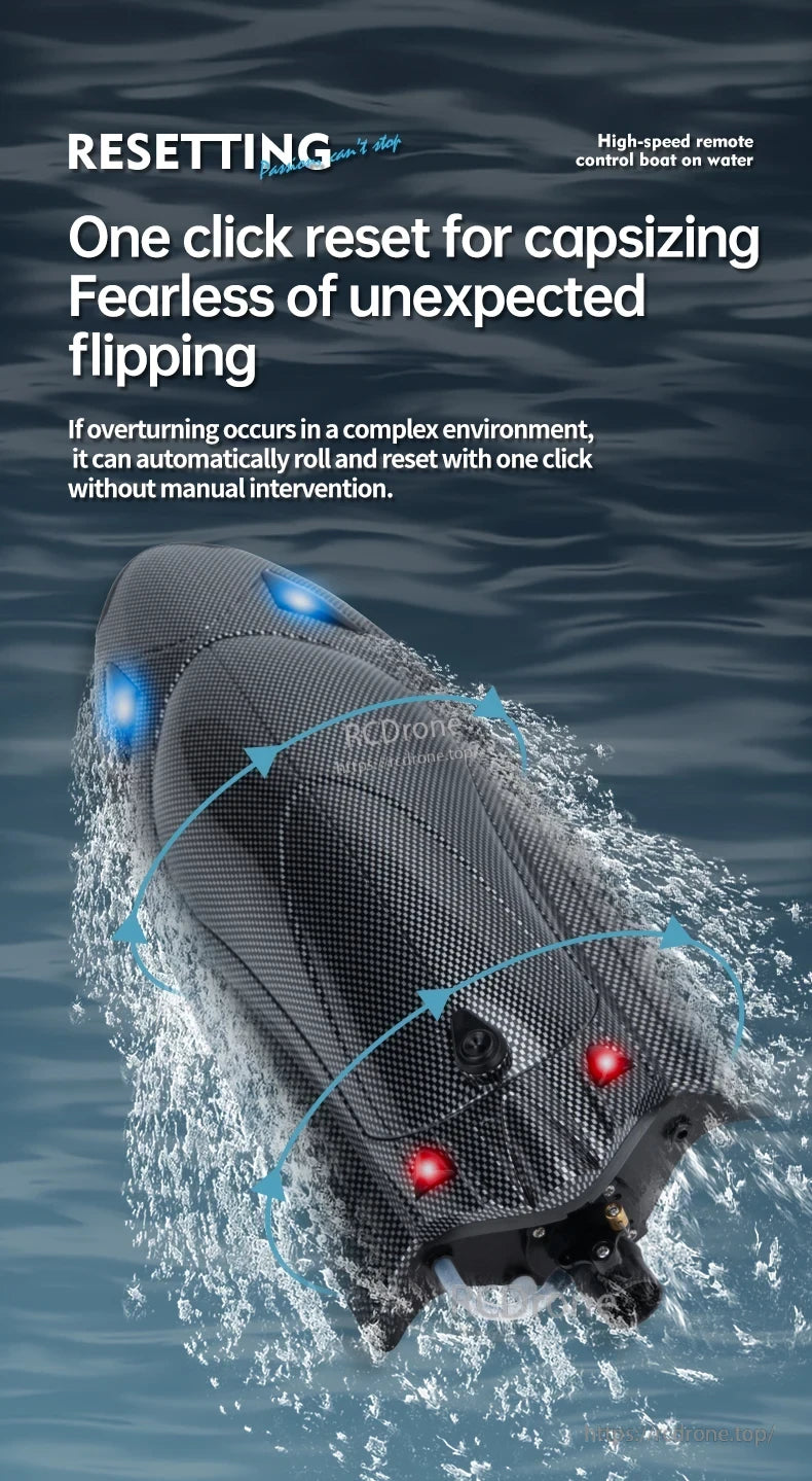 This high-speed RC boat has a feature to reset from capsize without human intervention.