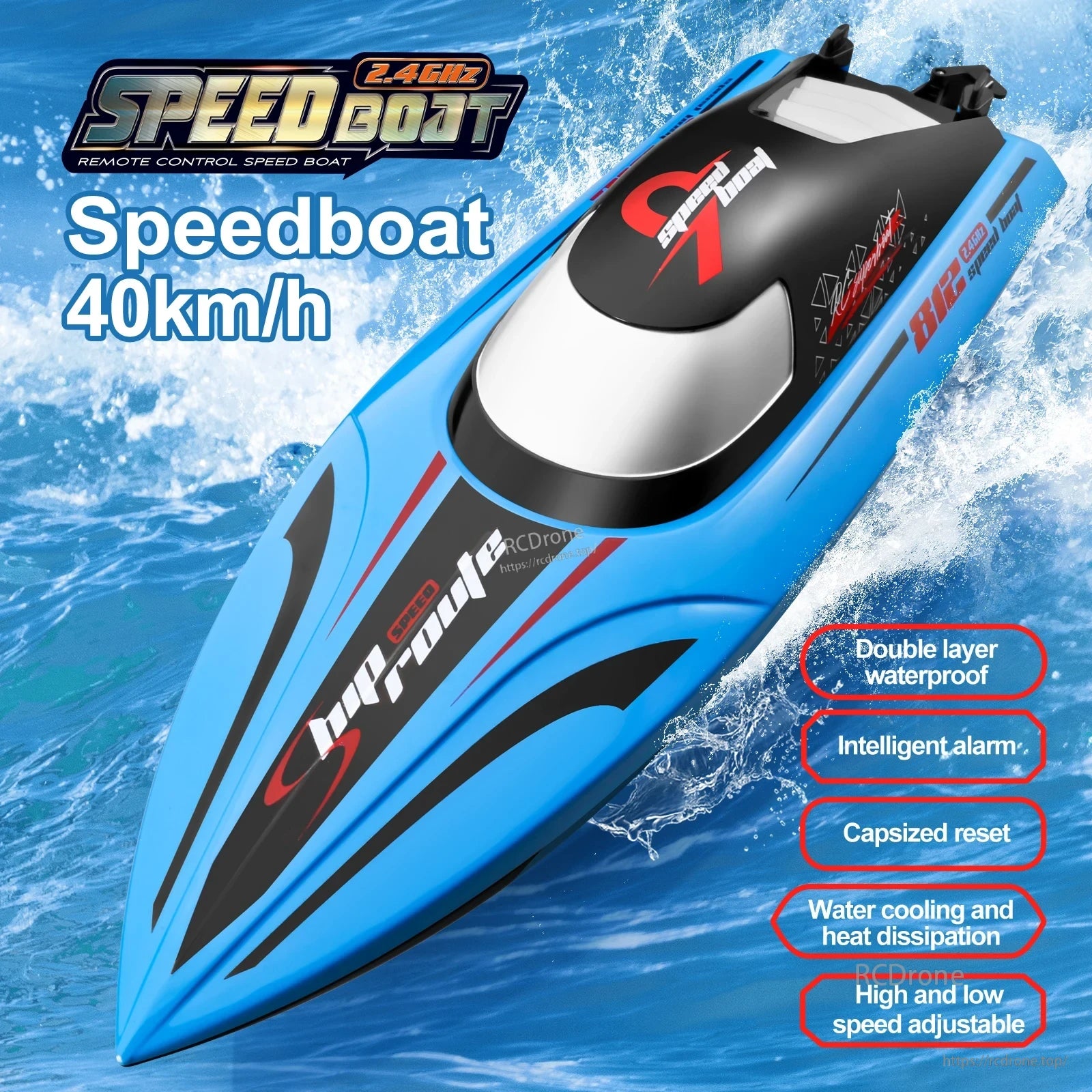 RC Boat, Remote control speed boat with double-layer waterproof design, intelligent alarm, capsized reset, and adjustable high and low speeds.