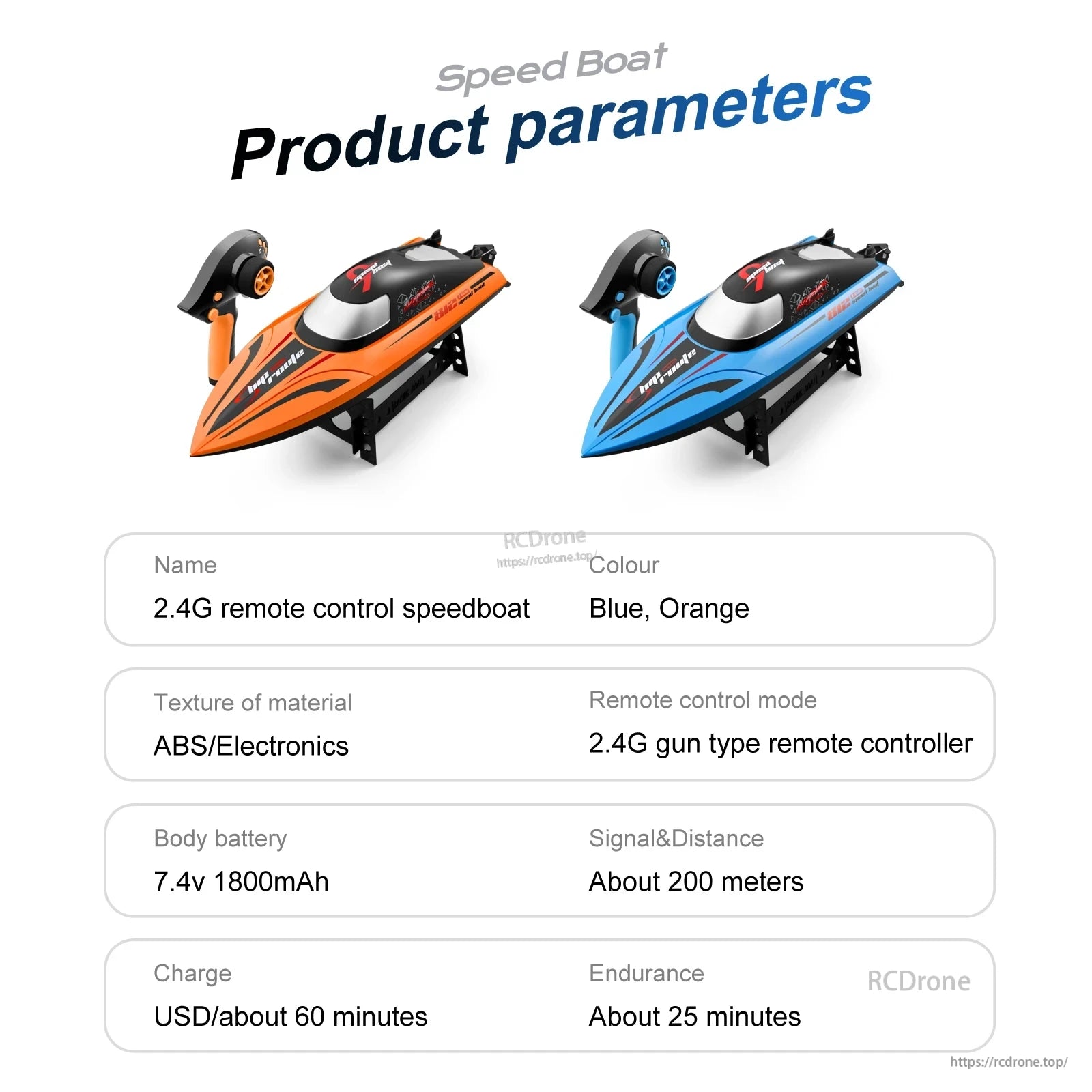 RC Boat, Blue Orange Speedboat features textured ABS material and 2.4G remote controller.