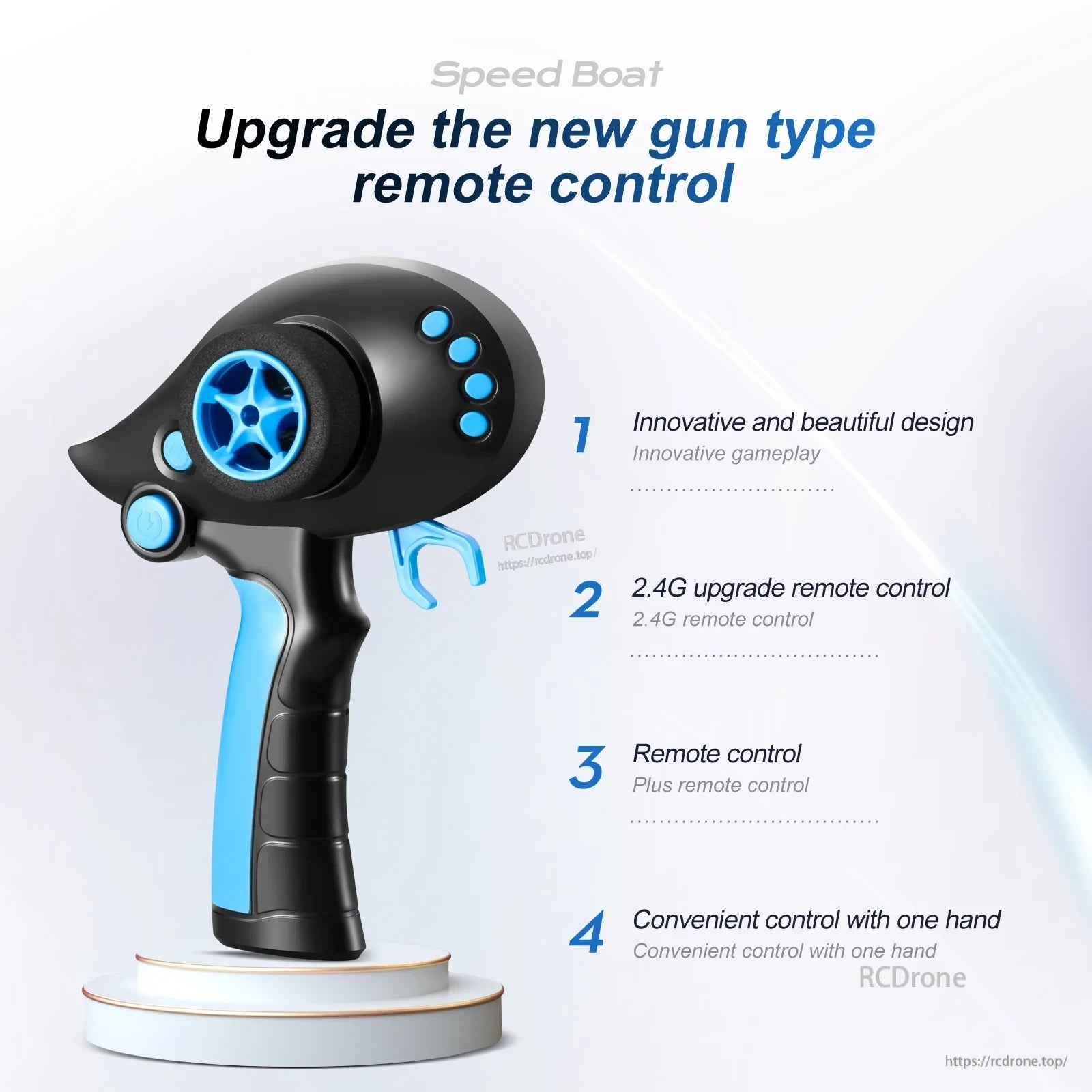 RC Boat, Upgraded gun-style remote for speed boats features 2.4G control, one-hand operation, and innovative design for enhanced, responsive gameplay.