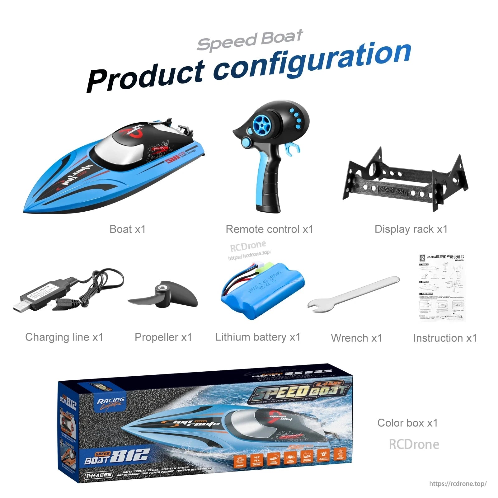RC boat package includes remote control, display rack, battery, propeller, wrench, and instruction manual, perfect for racing and water enjoyment.