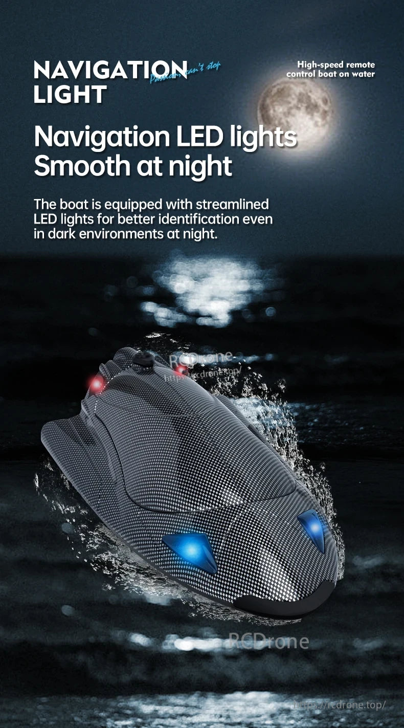 RC boat with LED navigation lights for smooth night operation on water.