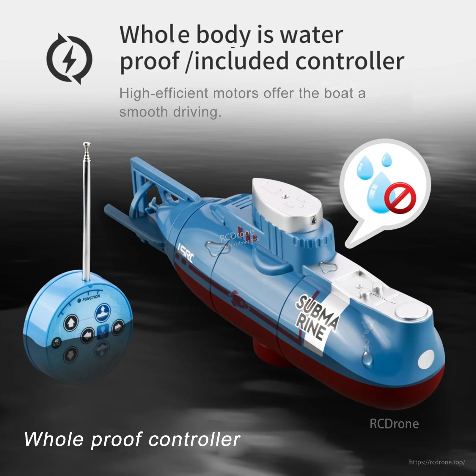 RC Boat, Waterproof RC submarine with included controller, high-efficiency motors for smooth operation.
