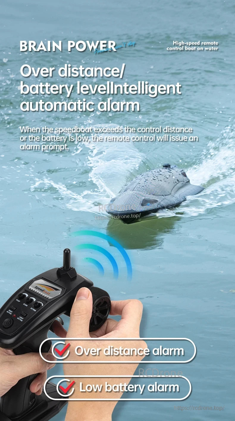 RC Boat, High-speed remote controlled boat with intelligent automatic alarm for exceeded control distance and low battery level warnings.