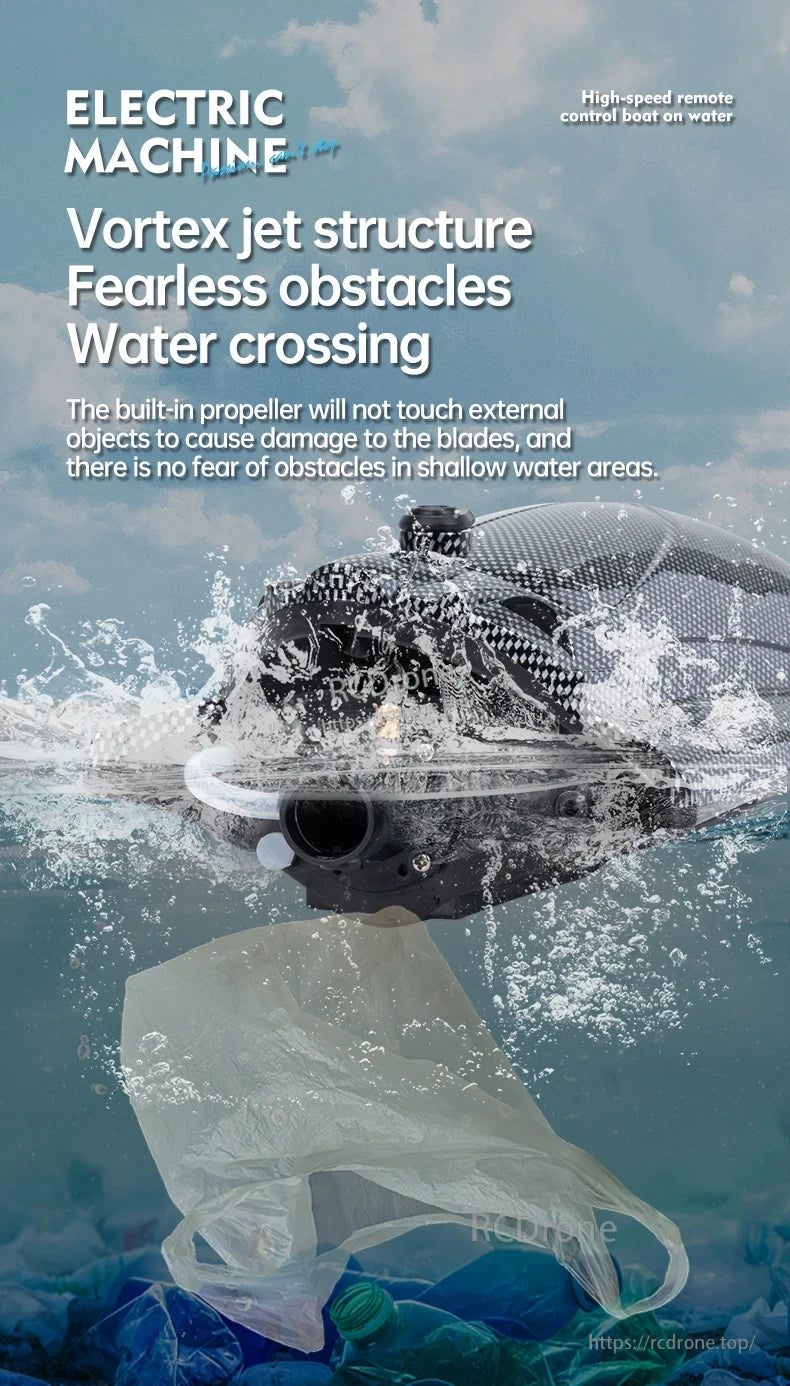 Electric RC boat features a vortex jet, obstacle-resistant, safe in shallow water, and has a built-in propeller guard for blade protection.