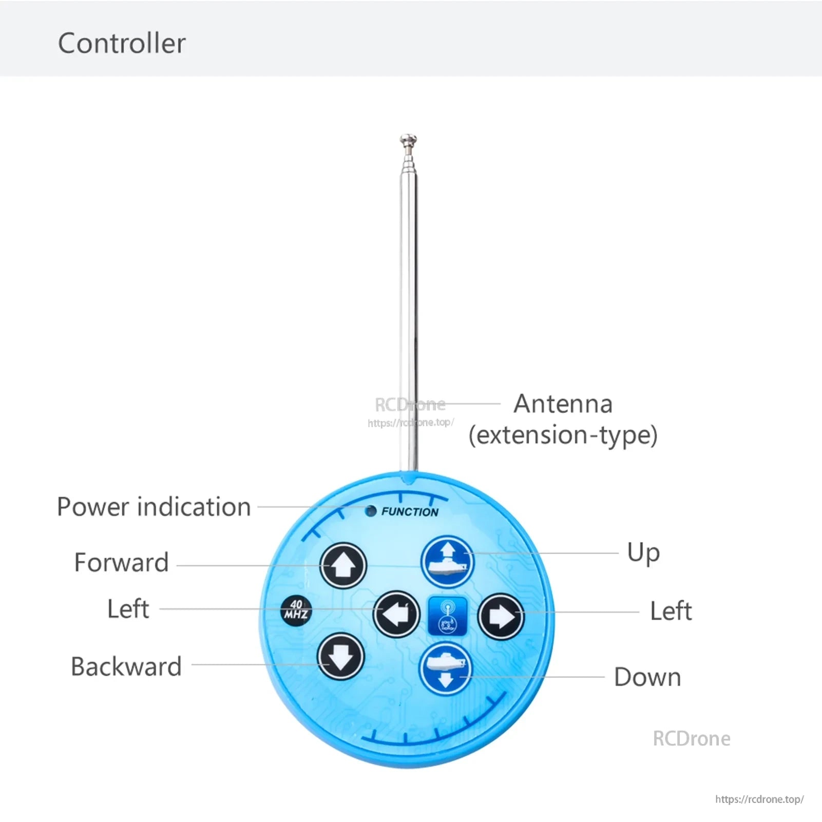 RC Boat, Controller features an extendable antenna, power indicator, directional buttons (forward, backward, left, right, up, down), and a function key.